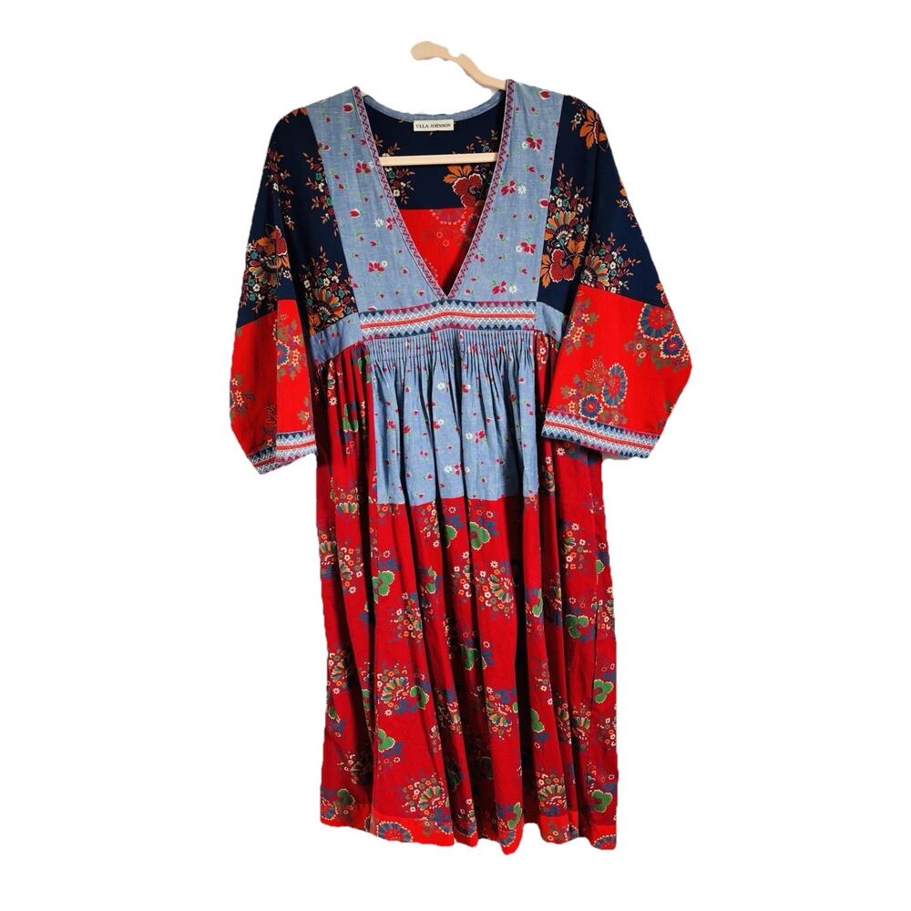 Ulla Johnson Milena Dress Patchwork Cotton/Linen V-neck Midi Size 2 - Picture 5 of 10